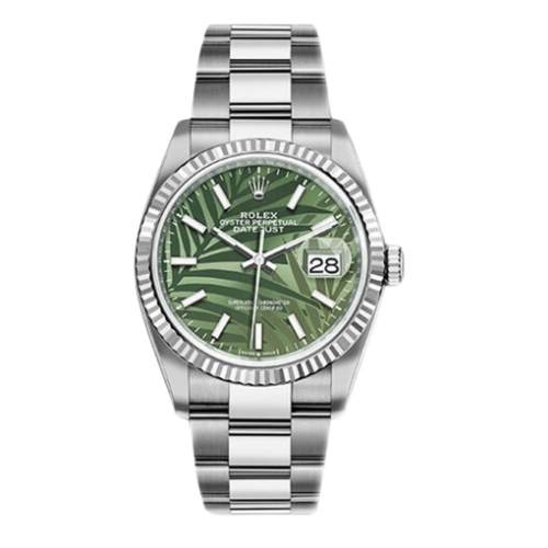 ROLEX 126234 DATEJUST 36 OYSTER OLIVE GREEN PALM MOTIF 10 DIAMONDS